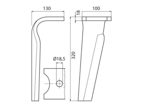 Rotorharvetand 100x18x320mm Venstre. Hulafstand: Hul Ø 18.5mm. Passer tilKverneland. Passer til: MA44000151