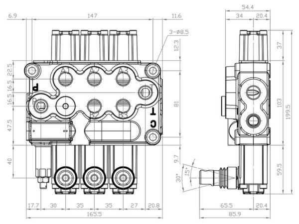 Sparex Monoblokventil 3/8'' BSP Porte 3 BK (45 L/min Flowhastighed)