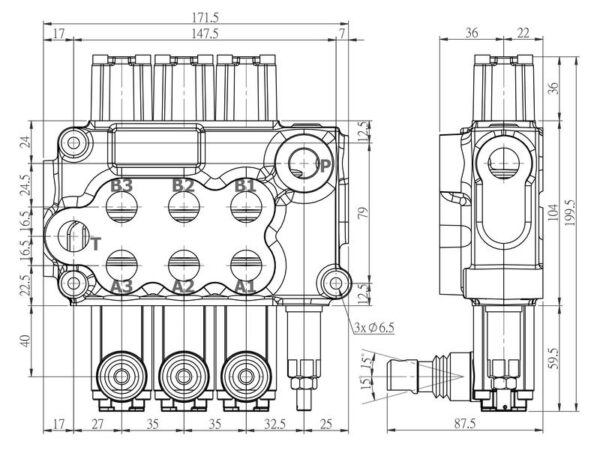 Sparex Monoblokventil 1/2'' BSP Porte 3 BK (60 L/min Flowhastighed)