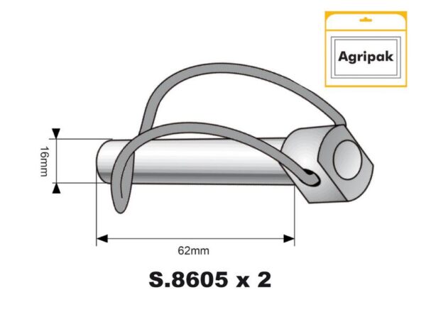 Låsesplit Stabilisator, Stift Ø16mm x 62mm (2 stk. Agripak)