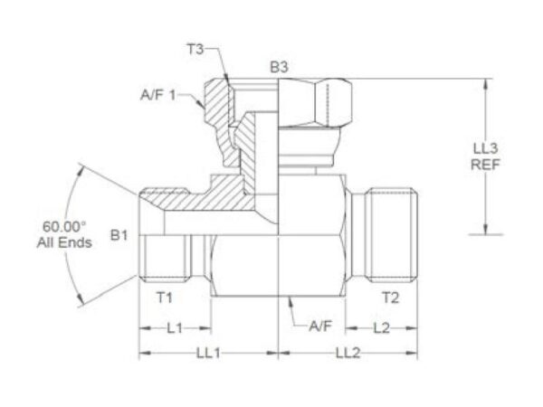 Hydraulisk T-stykke 1/2'' BSP Han x 1/2'' BSP Han x 1/2'' BSP Drejelig hun