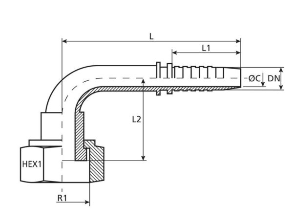 Dicsa ORFS Indstik 1/2'' x 13/16'' Hun 90° Omløber