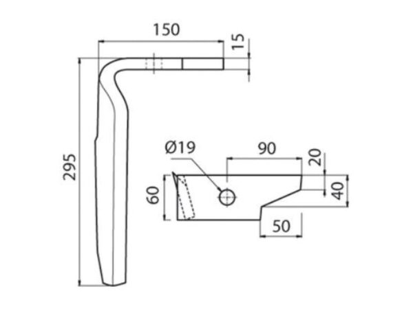 Rotorharvetand 60x15x295mm Højre. Hulafstand: Hul Ø 19mm. Passer tilAmazone. Passer til: 951011