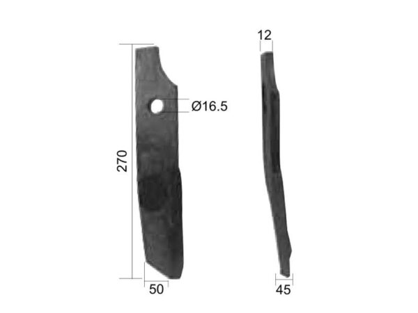Kniv Snoet Højre. Bredde: 50mm, Højde: 270mm, Hul Ø: 16.5mm. Passer til Kuhn