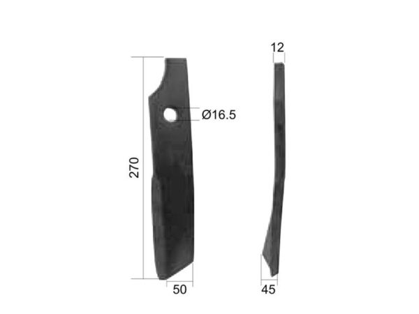 Kniv Snoet Venstre. Bredde: 50mm, Højde: 270mm, Hul Ø: 16.5mm. Passer til Kuhn Passer til: 51933900