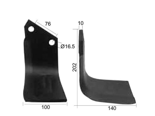 Kniv Firkantet Højre 100x10mm Højde: 202mm. Hulafstand: 76mm. Hul Ø: 16.5mm. Passer til Horsch, Howard Passer til: 109961