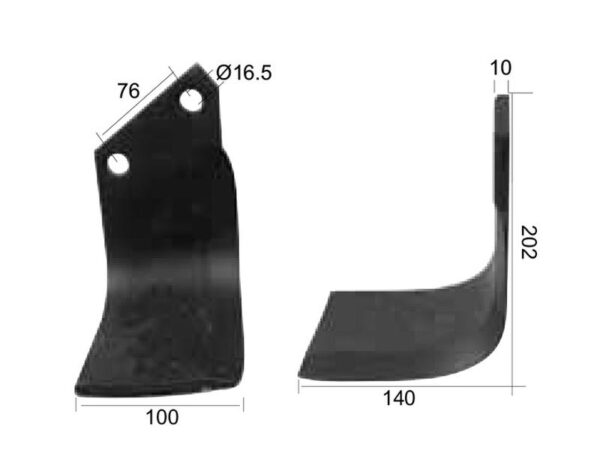 Kniv Firkantet Venstre 100x10mm Højde: 202mm. Hulafstand: 76mm. Hul Ø: 16.5mm. Passer til Horsch, Howard Passer til: 109960