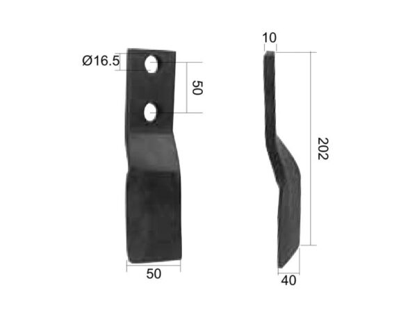 Kniv Snoet Højre 50x12mm Højde: 202mm. Hulafstand: 50mm. Hul Ø: 16.5mm. Passer til Celli Passer til: 422630