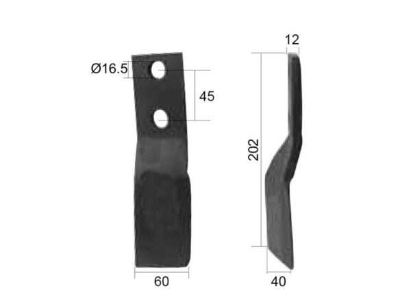 Kniv Snoet Venstre 60x12mm Højde: 202mm. Hulafstand: 45mm. Hul Ø: 16.5mm. Passer til Celli Passer til: 422631