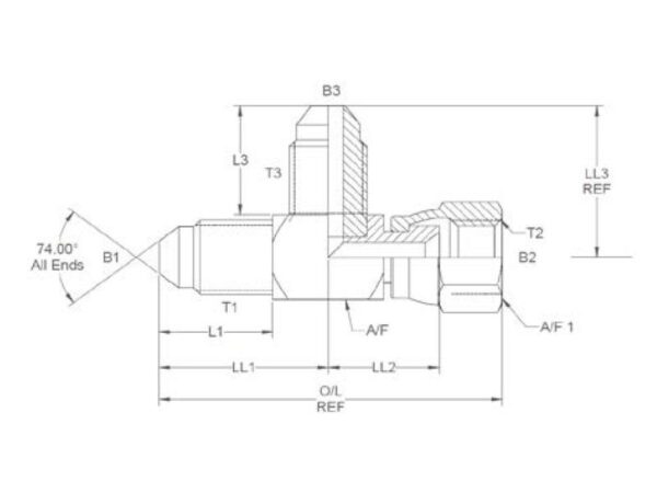 Hydraulisk T-stykke 7/8'' JIC Han x 7/8'' JIC Drejelig hun x 7/8'' JIC Han