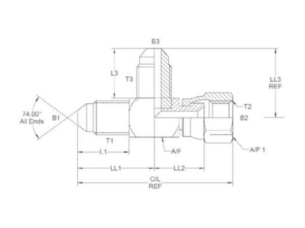 Hydraulisk T-stykke 1-1/16'' JIC Han x 1-1/16'' JIC Drejelig hun x 1-1/16'' JIC Han