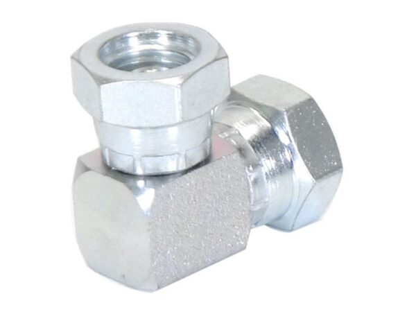 Hydraulikadapter 1/4'' BSP Drejelig hun x 1/4'' BSP Drejelig hun 90° Kompakt udstødningsbøjning