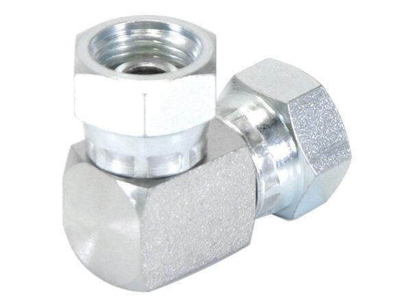 Hydraulikadapter 3/8'' BSP Drejelig hun x 3/8'' BSP Drejelig hun 90° Kompakt udstødningsbøjning
