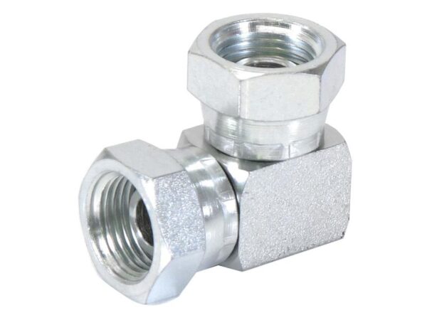 Hydraulikadapter 1/2'' BSP Drejelig hun x 1/2'' BSP Drejelig hun 90° Kompakt udstødningsbøjning