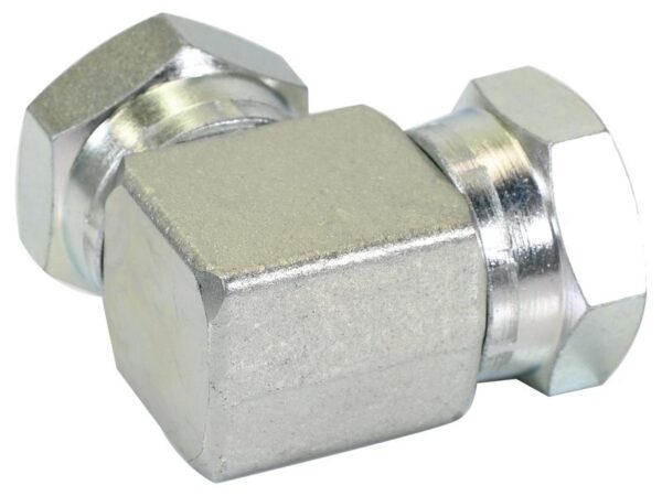 Hydraulikadapter 1'' BSP Drejelig hun x 1'' BSP Drejelig hun 90° Kompakt udstødningsbøjning