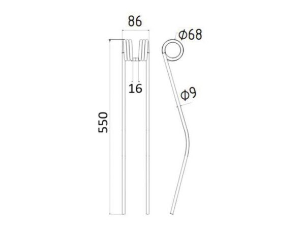 Rivefjeder Længde:550mm, Bredde:86mm, Ø9mm - Passer til Claas, Bautz Passer til: 9536290