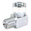 Hydraulikadapter 3/8'' BSP Han x 3/8'' BSP Drejelig hun 90° Kompakt udstødningsbøjning