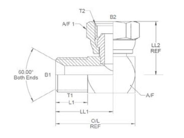 Hydraulikadapter 1/2'' BSP Han x 1/2'' BSP Drejelig hun 90° Kompakt udstødningsbøjning