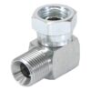 Hydraulikadapter 1/2'' BSP Han x 1/2'' BSP Drejelig hun 90° Kompakt udstødningsbøjning
