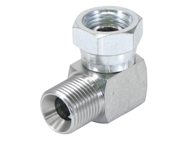 Hydraulikadapter 1/2'' BSP Han x 1/2'' BSP Drejelig hun 90° Kompakt udstødningsbøjning