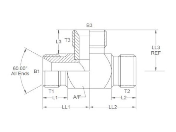 Hydraulisk T-stykke 1/2'' BSP Han x 1/2'' BSP Han x 1/2'' BSP Han