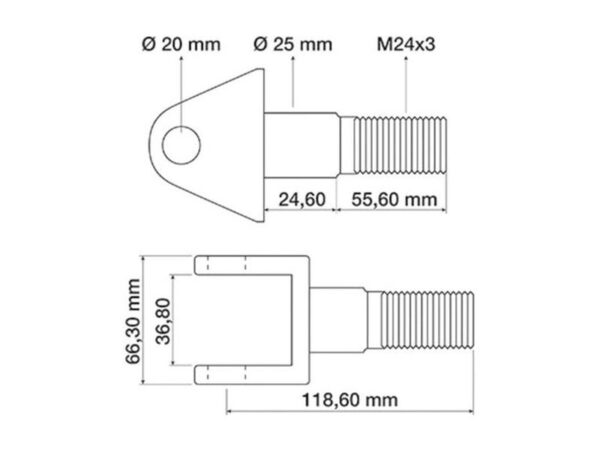 Gaffelende - Hul Ø20mm - Gevind M24 x 3