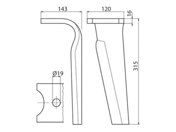 Rotorharvetand 120x16x315mm Venstre. Hulafstand: Hul Ø 19mm. Passer tilKuhn. Passer til: K2500090