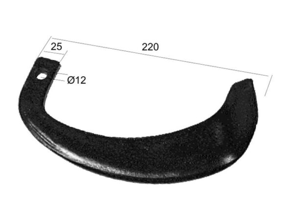Kniv Buet Venstre. Bredde: 25mm, Højde: 220mm, Hul Ø: 12mm. Passer til Yanmar