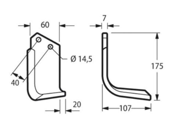 Kniv Firkantet Højre 60x7mm Højde: 175mm. Hulafstand: 40mm. Hul Ø: 14.5mm. Passer til Kverneland Passer til: MA1302179