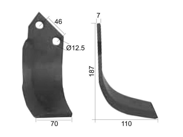 Kniv Buet Højre 70x7mm Højde: 187mm. Hulafstand: 46mm. Hul Ø: 12.5mm. Passer til Sovema Passer til: 900111001