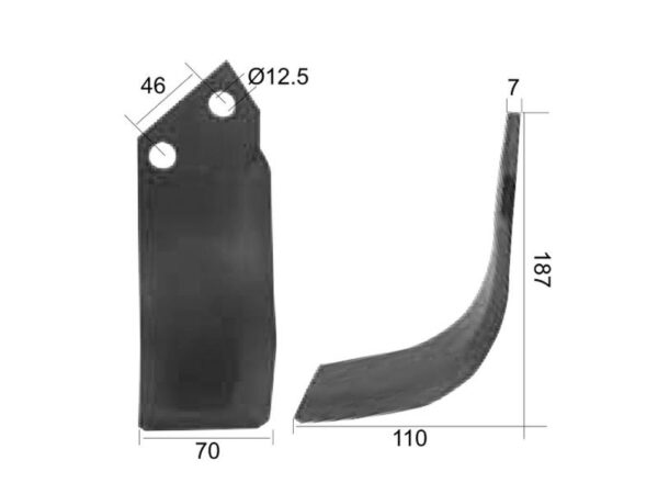 Kniv Buet Venstre 70x7mm Højde: 187mm. Hulafstand: 46mm. Hul Ø: 12.5mm. Passer til Sovema Passer til: 900111002