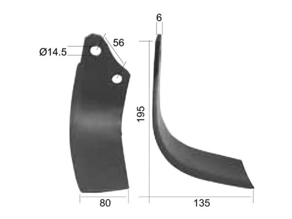 Kniv Buet Højre 80x6mm Højde: 195mm. Hulafstand: 56mm. Hul Ø: 14.5mm. Passer til Maschio Passer til: 02108432