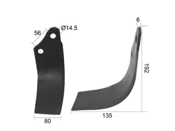 Kniv Buet Venstre 80x6mm Højde: 192mm. Hulafstand: 56mm. Hul Ø: 14.5mm. Passer til Maschio Passer til: 02108433