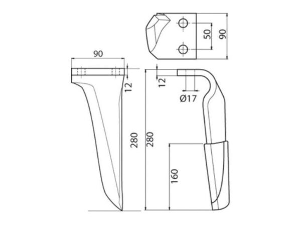Rotorharvetand Forstærket (karbide) 90x12x280mm Venstre. Hulafstand: 50mm. Hul Ø 17mm. Passer til Kverneland. Passer til: 27000210C