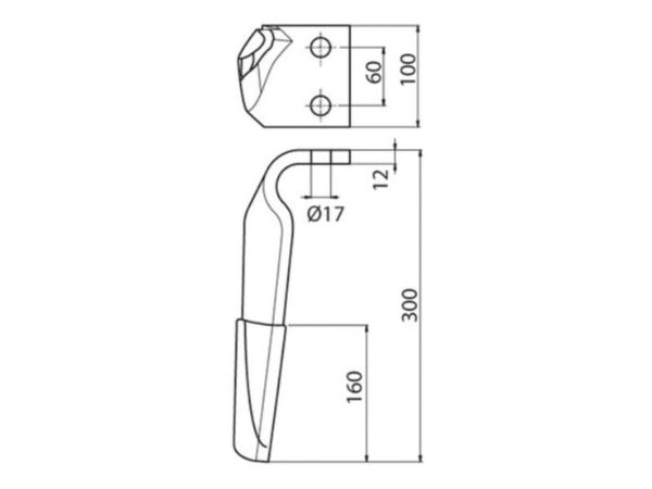 Rotorharvetand Forstærket (karbide) 100x12x305mm Højre. Hulafstand: 60mm. Hul Ø 16.5mm. Passer til Maschio. Passer til: 36100211C