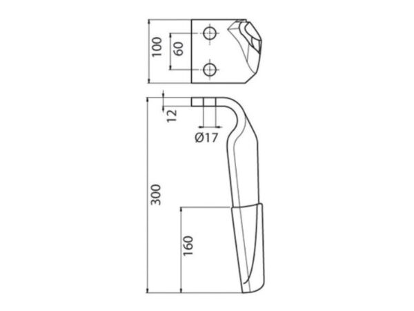 Rotorharvetand Forstærket (karbide) 100x12x305mm Venstre. Hulafstand: 60mm. Hul Ø 16.5mm. Passer til Maschio. Passer til: 36100210C