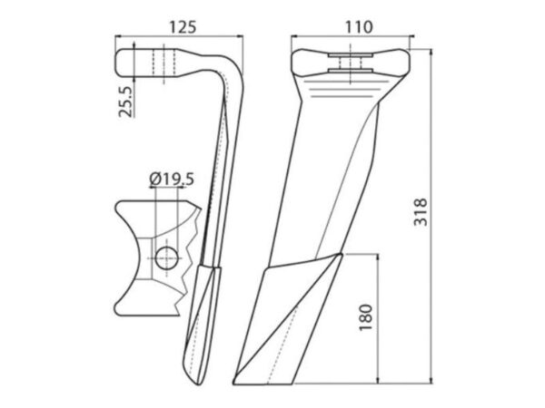 Rotorharvetand Forstærket (karbide) 110x25.5x318mm Højre. Hulafstand: Hul Ø 19.5mm. Passer til Kuhn. Passer til: 52596410C
