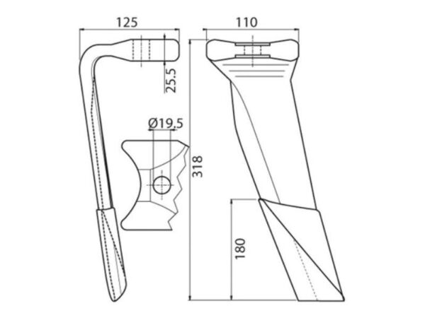 Rotorharvetand Forstærket (karbide) 110x25.5x318mm Venstre. Hulafstand: Hul Ø 19.5mm. Passer til Kuhn. Passer til: 52596510C