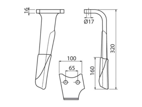 Rotorharvetand Forstærket (karbide) 100x16x320mm Højre. Hulafstand: 66mm. Hul Ø 17.5mm. Passer til Perugini (Concept-Ransome), Rabewerk. Passer til: KG30RC