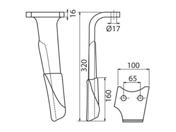 Rotorharvetand Forstærket (karbide) 100x16x320mm Venstre. Hulafstand: 66mm. Hul Ø 17.5mm. Passer til Perugini (Concept-Ransome), Rabewerk.