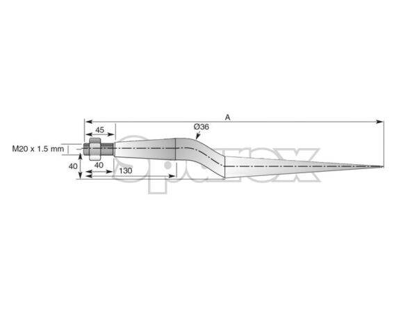 Frontlæssetand - Forkrøppet 820mm, Gevind: M20 x 1.50 (Firkantet) Passer til: KK221175