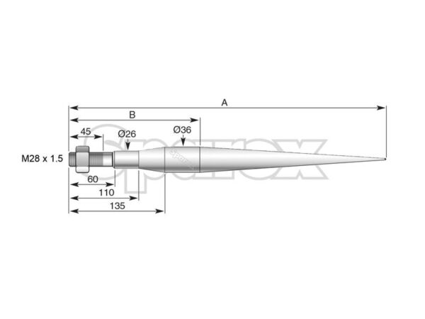 Frontlæssetand - Lige 810mm, Gevind: M28 x 1.50 (Firkantet) Passer til: KK241160