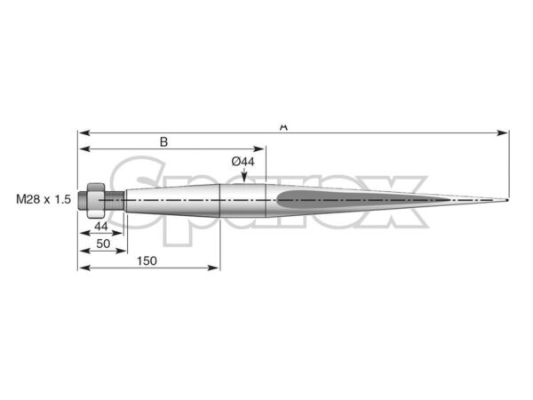 Frontlæssetand - Lige 1400mm, Gevind: M28 x 1.50 (Firkantet) Passer til: KK241163