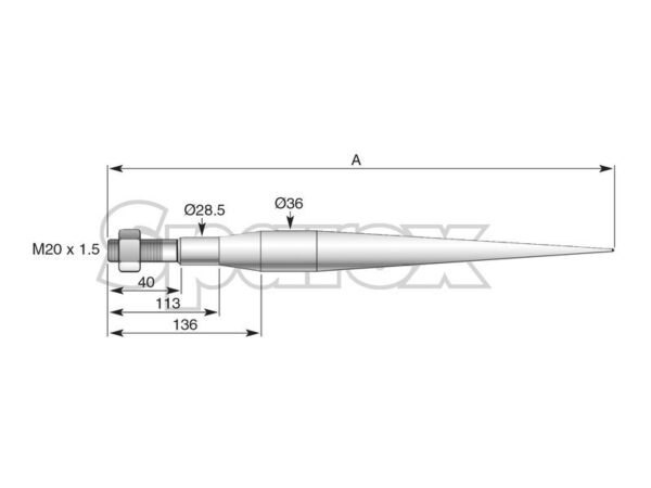 Frontlæssetand - Lige 760mm, Gevind: M20 x 1.50 (Stjerne) Passer til: 13792