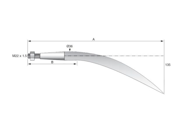 Frontlæssetand - Buet 760mm, Gevind: M22 x 1.50 (Firkantet) Passer til: Z001-08