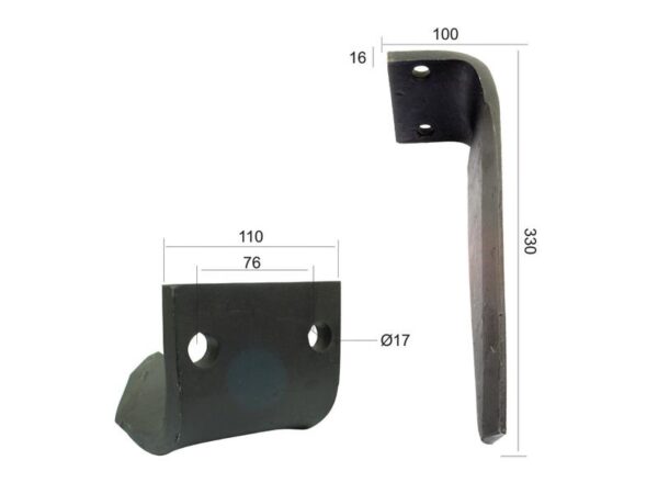 Rotorharvetand 110x16x330mm Højre. Hulafstand: 76mm. Hul Ø 17mm. Passer tilDowdeswell. Passer til: 820380