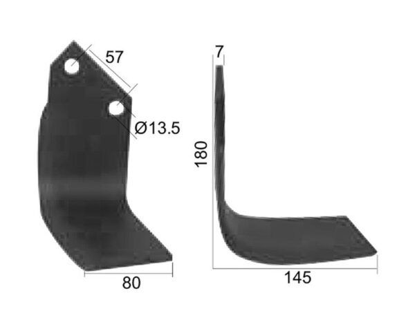 Kniv Firkantet Højre 80x7mm Højde: 180mm. Hulafstand: 57mm. Hul Ø: 13.5mm. Passer til Dowdeswell, Howard, Kuhn Passer til: 3901