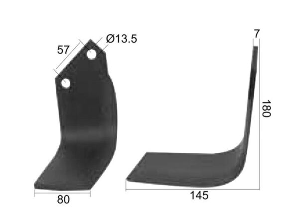 Kniv Firkantet Venstre 80x7mm Højde: 180mm. Hulafstand: 57mm. Hul Ø: 13.5mm. Passer til Dowdeswell, Howard, Kuhn Passer til: 3900