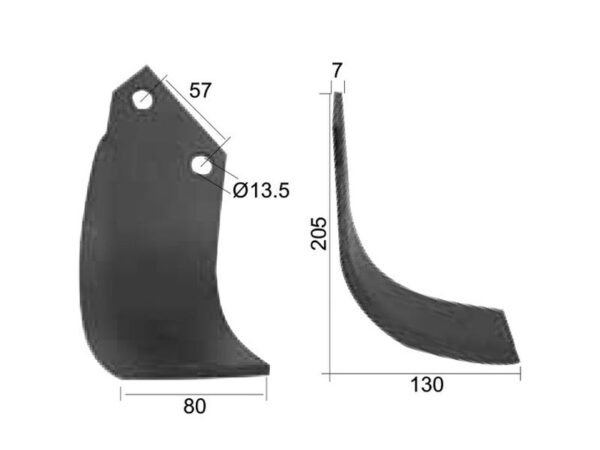 Kniv Buet Højre 80x7mm Højde: 205mm. Hulafstand: 57mm. Hul Ø: 13.5mm. Passer til Breviglieri, Howard Passer til: 9949