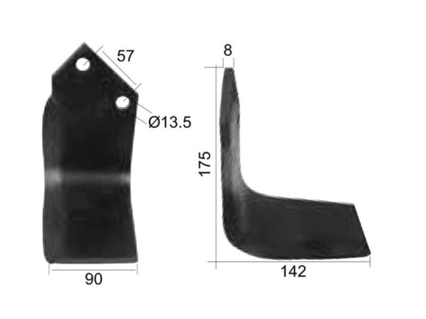 Kniv Firkantet Højre 90x8mm Højde: 175mm. Hulafstand: 57mm. Hul Ø: 13.5mm. Passer til Dowdeswell, Howard Passer til: 63605